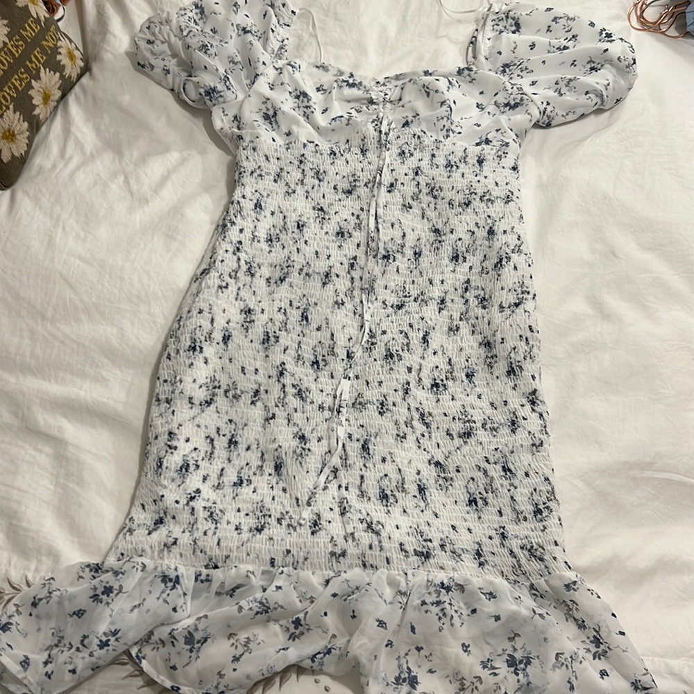 PinkBlush Lina Ruched Fitted Blue and White Floral Maternity Dress, Size L